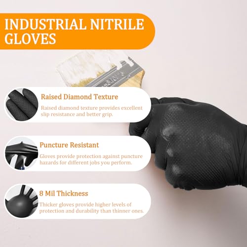 Epecnic 8 Mil Heavy Duty Disposable Nitrile Gloves with Raised Diamond Texture, Latex & Powder Free, Non-Slip, Tear-Resistant, Black, Medium, 1000 Count