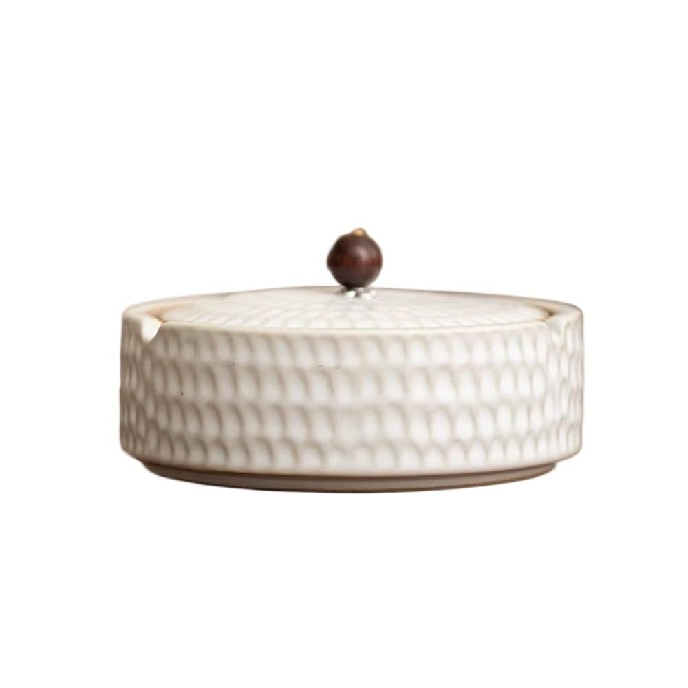 Posacenere da tavolo con coperchio, in ceramica retrò, ideale per soggiorno, ufficio, scrivania o tavolino, facile da pulire, colore: bianco