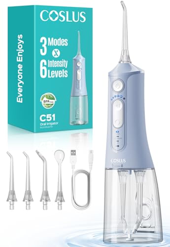 COSLUS C51 Irrigador Dental Portatil: 3 Modos y 6 Presión Ajustable   300ml IPX7 Irrigador Bucal Inalámbrico para Ortodoncia/Encías Sensibles  Limpieza Dientes de Hogar Viaje Baño con 4 Boquilla Azul