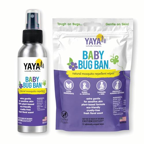 YAYA ORGANICS Baby Bug Ban Spray + Wipe Bundle – All-Natural Repellent Made with Essential Oils for Babies, Little Kids and Sensitive Skin (4 Ounce Spray + 12-Pack Wipe)