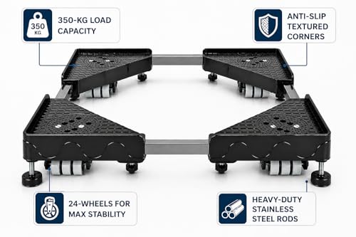 Image of PUREAGLE Premium Heavy Duty 24 Wheel Adjustable Stand /Trolley /Suitable for Front&Top Load Washing Machine /Refrigerator, Dishwasher /Capacity Upto 350 Kg Washing Machine 6.5 /7 /8 /9 /10 Kg(Metal)