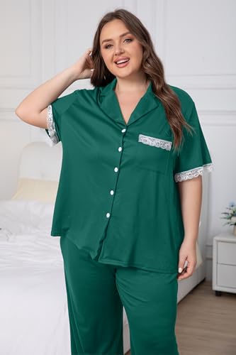 Image of Vozanet Women Short Sleeve Long Pants Pajama Sets Lace Trim Button Down Sleepwear Plus Size Knit Loungewear Sexy Nighty