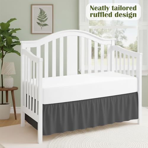Image of Luxury Crib Bed Skirt 28 inch x 52 inch with 14 Inch Drop Soft & Breathable Dust Ruffle Fits Standard Crib and Toddler Bed Nursery Microfiber Fabric Ruffle Bed Skirt for Baby Boys or Girls Dark Grey Solid