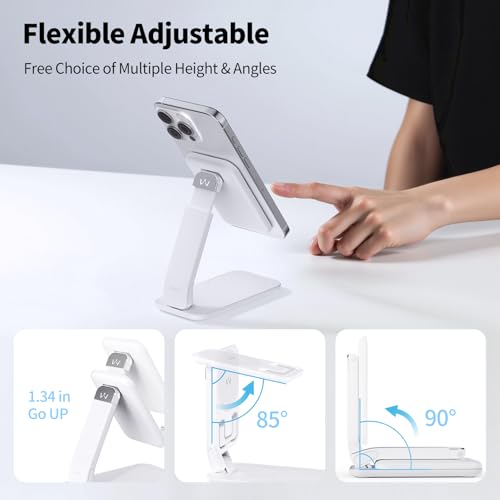 Image of iWALK Magnetic Cell Phone Stand for Desk, Angle and Height Adjustable Mobile Phone Holder, Foldable Magnet Stand for iPhone 17 16 15 14 13 12 Pro Max and iPad, Cell Phone Holder for Samsung, White
