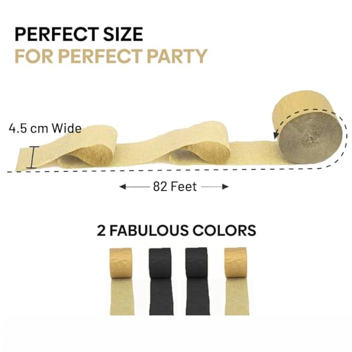 Image of 4 Gold Black Crepe Paper Streamers, 328ft Pack of Party Decorations | Each roll is 82 ft long and 1.8 Inch wide ideal for Birthday Party Decor, Wedding Decorations and Themed Parties