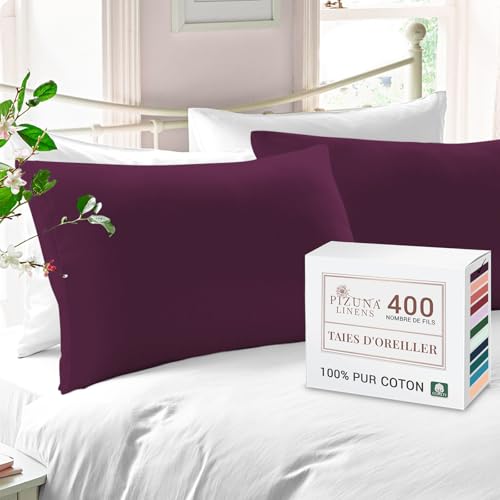 Pizuna Coton Peigné Set de 2 Taies d'oreiller 50x75 cm Baies Prune, 100% Coton Longue Tige 400 Fils Armure Satin Taies d'oreiller en Coton 50x75 avec Rabat de...