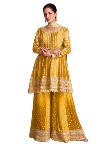 Miss Ethnik Dual Tone Yellow & Brown Strip Chinon Heavy Embroidered Stitched Sharara Suit Set With Dupatta (Me-1129-Yellow-Large, Womens Chiffon)