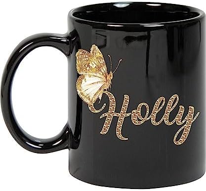 Coffee Mug Personalized Holly Name Customized Mug with Name Gold Butterfly Text Mug Gift for Women, Her, Girl 11oz Black Mug 423576 019417