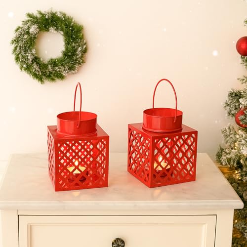 Image of MARKET 99 Set of 2 Red Metal Lanterns | Cube Square Etching Design with Glossy Finish | Decorative T-Light Candle Holders for Home, Xmas & Christmas Decor, Balcony & Festive Lighting