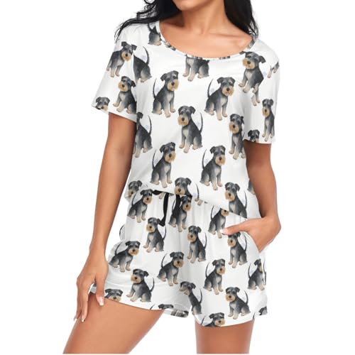Mnsruu Cute Schnauzer Womens Pyjamas Sets Short Sleeves Ladies Pajamas Pjs Set Loungewear with Pocket Size L