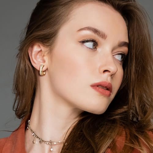 14K Gold Hoop Earrings 14K Gold Earrings for Women Thick Small Diamond Hoop Earring X-shaped Hoops Earring for Women 17MM3