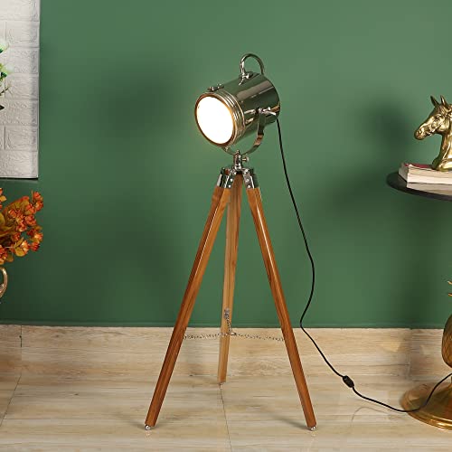 Image of PRISTINE INTERIORS Silver Metal Shade Tripod Floor Lamp for Living Room Bedroom Corner Home Decoration (Alveena)
