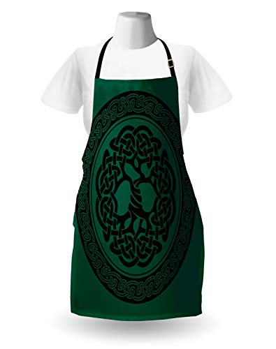 Ambesonne Celtic Apron, Monochrome Tree Of Life Illustration Timeless European Motif, Unisex Kitchen Bib With Adjustable Neck For Cooking Gardening, Adult Size, Forest Green Black #TOP1