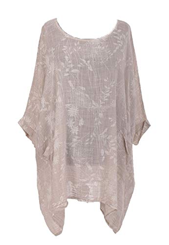 OgLuxe Femmes Italienne Lagenlook Plage Floral Chauve-Souris Surdimensionné Été Flowy Top avec Deux Poches Col Rond Manches 3/4 Plus - Beige - Taille Unique Cover
