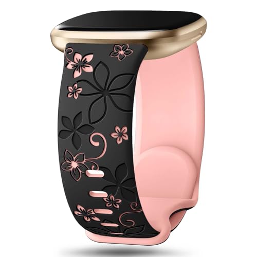 Two-Tone Floral Engraved Band Compatible with Fitbit Versa 2 Bands Cute Flower Soft Silicone Sport Strap Bracelet Wrist Band for Fitbit Versa 2/1/ Lite/SE Women Men