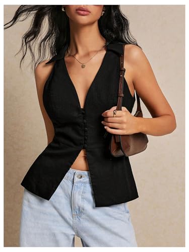 SHENHE Women's V Neck Button Down Sleeveless Blouse Slit Collared Shirt Elegant Vest Top4