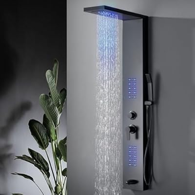 Bathfinesse LED Light Shower Panel Shower Tower, Bathroom Shower Wall Faucet 5 IN 1 Function, Body Massage Spray, Wall Mount, Black