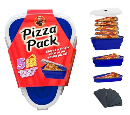 The Perfect Pizza Pack™ - Reusable Pizza Storage Container with 5 Microwavable Serving Trays - BPA-Free Adjustable Pizza Slice Container to Organize & Save Space, Blue