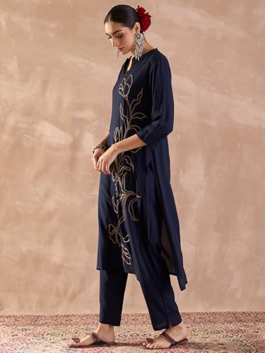 Image of INDO ERA Women's Viscose Rayon Floral Embroidered Straight Calf Length Kurta & Pant Set (IEAI12330)