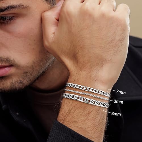 Yoosteel Silver Stackable Bracelets Set for Men Non Tarnish - Stainless Steel Bracelet Stack Rope Figaro Paperclip Cuban Link Chain Bracelets Sets for Men Jewelry Gifts 7.5/8.3/9.0 Inches - Image 3