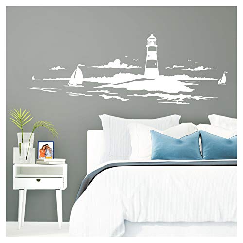 Grandora Skyline Küstenlandschaft Leuchtturm I weiß 90 x 30 cm I Bad Wohnzimmer Schlafzimmer Aufkleber Wandaufkleber Wandsticker Modern W974