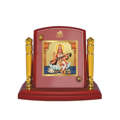 Cadre de prière Saraswati Mata en bois, cadeau religieux idéal avec film en or 24k