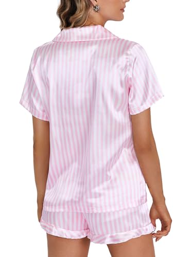 OPOIPIN Women's Satin Pajamas Set 2 Piece Button Down Silk Ruffle Shorts Pjs Notch Collar Sleepwear2