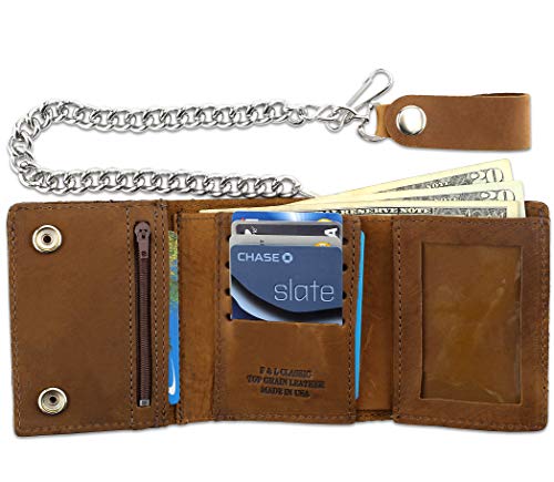 Image of RFID Blocking Men's Tri-fold Vintage Biker Cowhide Leather Steel Chain Wallet,Snap closure, Made In USA,pu315,crazy horse brown