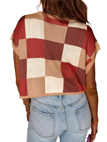 Image of Saodimallsu Womens Cap Sleeve Crop Tops Summer Color Block Going Out Crew Neck Knit Trendy Casual Sweater