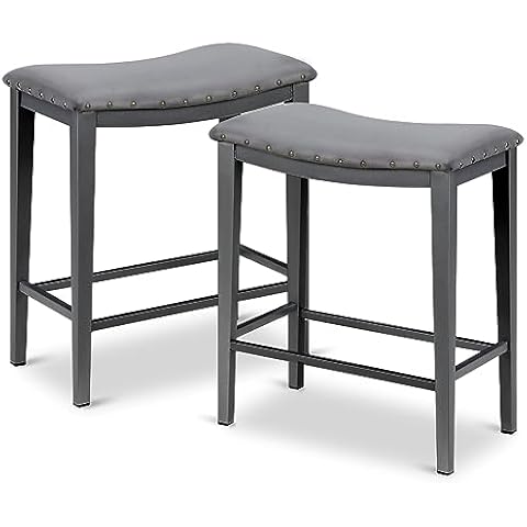 KATDANS Grey Bar Stools Set of 2 Counter Height 24 Inches Backless Barstools for Kitchen Counter Modern Saddle Stools Velvet Nailhead Upholstered Stools, KS718PN, 2Pcs Cover