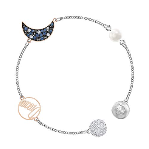 Swarovski Remix Collection Women's Bracelet, Strand Bracelet With A Moon Motif On A Rhodium Plated Chain With Crystal Pearl And Dark Crystal Accents #TOP2