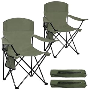 2 Pack Folding Camping Chair with Cup Holder & Side Storage Bag, 300lb Capacity, Lightweight 5.5lbs Portable for Beach, Picnic, Sport, Green