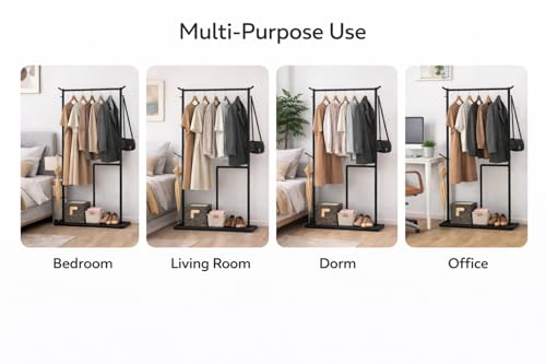 Image of Raawan Heavy Duty Double Rod Clothes Rack with Side Storage Shelves | Metal Garment Stand Organizer | Space Saving Cloth Hanger Stand for Bedroom, Living Room & PG (1 LAYER SM BLACK)