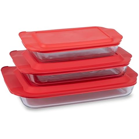 Pyrex Basics 3-Pack Glass Baking Dish Set (2QT, 3QT, 4.8QT) With BPA-Free Lids, Rectangular Glass Bakeware, Dishwasher, Microwave, Freezer & Pre-Heated Oven Safe Cover