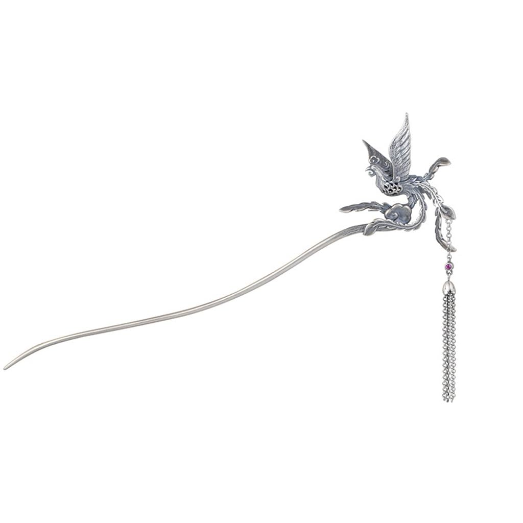 HBJWOV S925 Silver Hairpin with Middle Ancient Phoenix Step Shake Headpiece