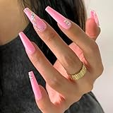 Artquee 24Pcs Pink Coffin Press on Nails Long Fake Nails with Rhinestones Design Reusable False Nail Art Manicure Stick on Nails Kit for Women