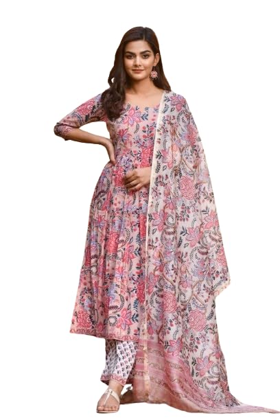 Image of PRISTINO Women's Rayon Floral Print Anarkali Kurta And Trouser With Dupatta Set