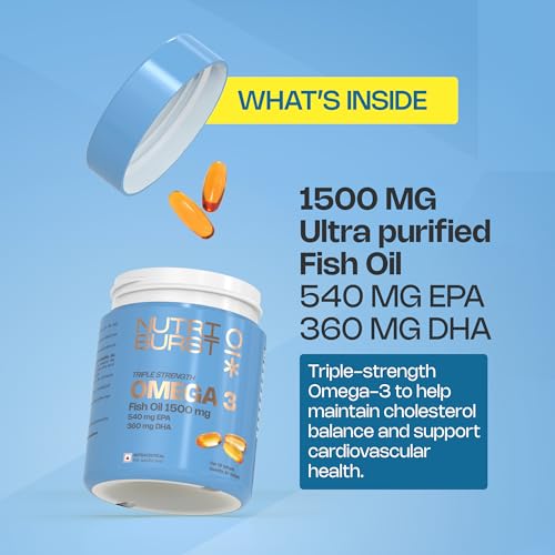Image of Nutriburst Triple Strength Omega-3 Fish Oil Capsules 1500mg | High Strength Softgels for Men and Women | 540mg EPA and 360mg DHA | Omega3 Supplement for Heart, Brain, Skin & Joint Support | 60 Softgels (1-Month Pack)