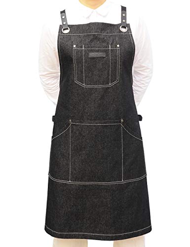 Dingsay Trendy Professional Black Denim Apron For Chef Cooking Kitchen Grill Bbq Barber Server, Mens Womens Bib Adjustable Apron (Black Denim-2) #TOP3
