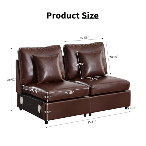 Image of RARZOE Modular Sectional Couch Armless Seats Module, Faux Leather Sofa 2 Armless Chairs Middle Module Seats, Modular Sectional Sofa Module for Living Room Home Theater,Brown