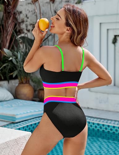 Image of BMJL Women's High Waisted Bikini Ribbed Two Piece Swimsuit High Cut Color Block Adjustable Straps Bathing Suit