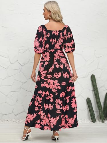 Image of Lyrur Summer Boho Smocked Maxi Dresses for Women Casual Puff Sleeve Square Neck A Line Tiered Ruffle Ankle Length Dress