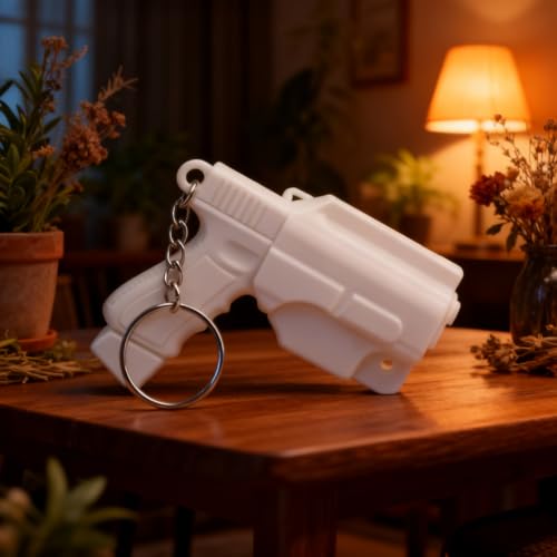 Image of Gun Keychain With Holder For Men, Mini Gun Key chain Pistol Keychain Accessory, Novelty Miniature Keyring For Car, Bike, Backpack Or Bag Charm, White Collectible EDC Gift (White)