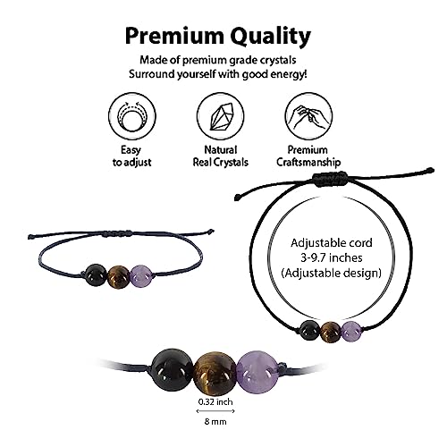 BOHO GARDEN Healing Bead Bracelets - Spiritual Crystal Beaded Bracelet - Made of 3 Real & Natural Gemstones, Adjustable 3-9.7” Black Rope - Gem Stones Jewelry for Men, Women, Teens (13+) - 8mm Bead3