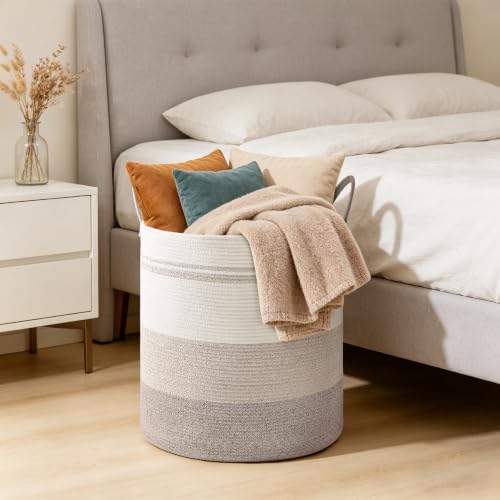 Image of 72L Large Tall Cotton Rope Laundry Basket with Handles, Brown Striped