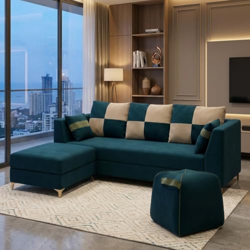 Image of FURNY Signature Cresta 5-Seater L-Shape Sofa Set with Movable Ottoman & Suri Pouf | Flexible LHS /RHS Layout | Boston Fabric | 40D Foam + Zigzag Spring | 3-Yr Warranty (Ocean Teal-Beige)