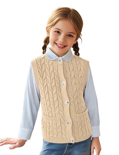 Girls Sweaters Vest Lightweight Sleeveless Cable Knit Sweater Cardigans Button Down Knitwear Tank Tops with Pockets