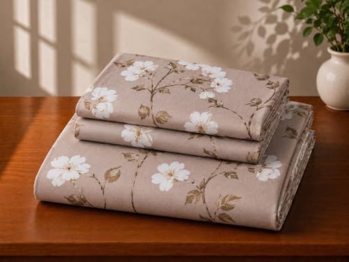 Image of Castiqa Cotton Feels Microfiber Fabric Floral Designs Super King Size Fitted Bedsheet with 2 Pillow Covers 72x78 inch (Fits Upto 12Inch Mattress) (Coffee Floral)