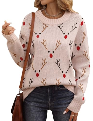 PASUDA Weihnachtspullover Damen Lustige Pullover Warm Christmas Strickpullover Winter Rundhals mit Elch Pullis Oberteile Langarm Weihnachtskostüm (Rosa, XL)