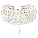 Yolev 5 Layers Boho Round Imitation Pearl Choker Necklace Vintage Multi Strands Pearl Collar Pearl Choker Necklaces for Women Bridal Wedding 20s Flapper Themed Party